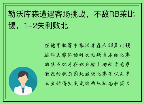 勒沃库森遭遇客场挑战，不敌RB莱比锡，1-2失利败北