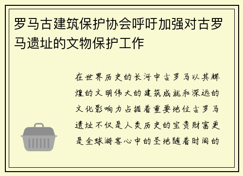 罗马古建筑保护协会呼吁加强对古罗马遗址的文物保护工作