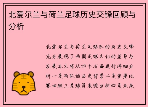 北爱尔兰与荷兰足球历史交锋回顾与分析